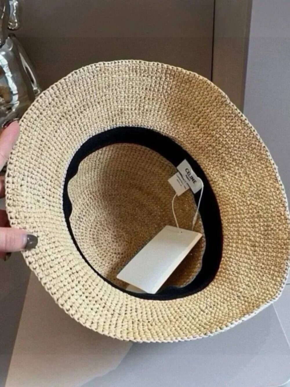 Celine Tan Woven Hat with Black Logo - Picture 4 of 6